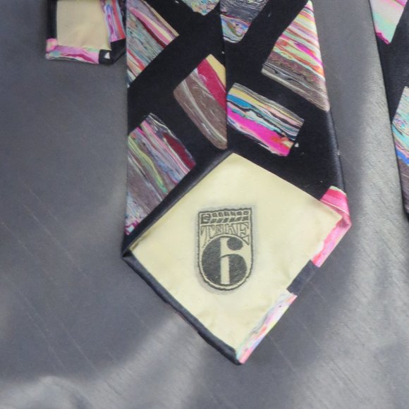 ❤️Mens TAKE 6 Designer Psychedelic Silk Gold Bar Accent Tie Necktie Pristine - Picture 7 of 8